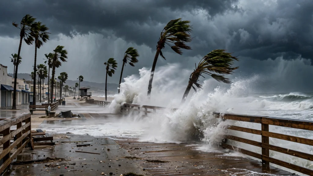 Hurricane Polo waves crashing over a California beach boardwalk during the storm