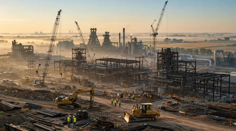 Mesabi Metallics Iowa steel plant construction site with cranes and industrial buildings at dawn