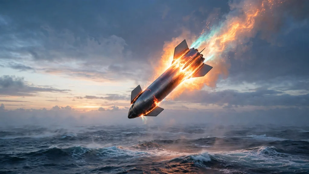 SpaceX Starship Flight 14 fireball splashdown in the Pacific Ocean after first orbital flight