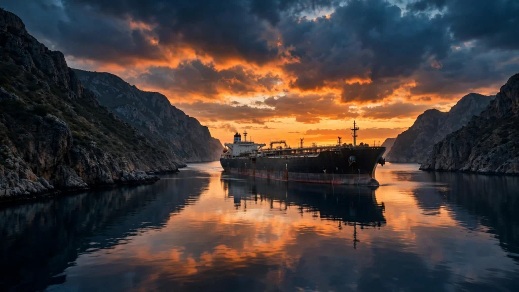 Oil tanker sailing through the Strait of Hormuz at sunset