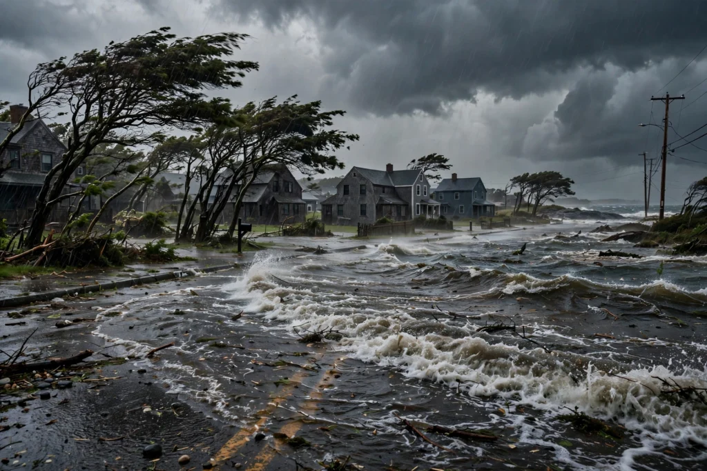 Flooded coastal street during a nor'easter storm