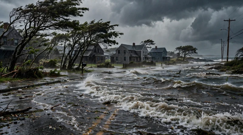 Flooded coastal street during a nor'easter storm