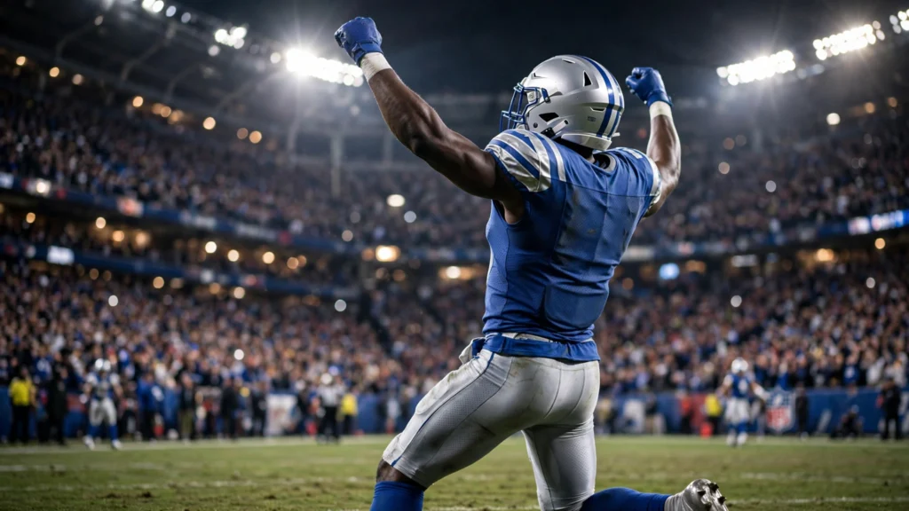 NFL wide receiver celebrating a touchdown at night