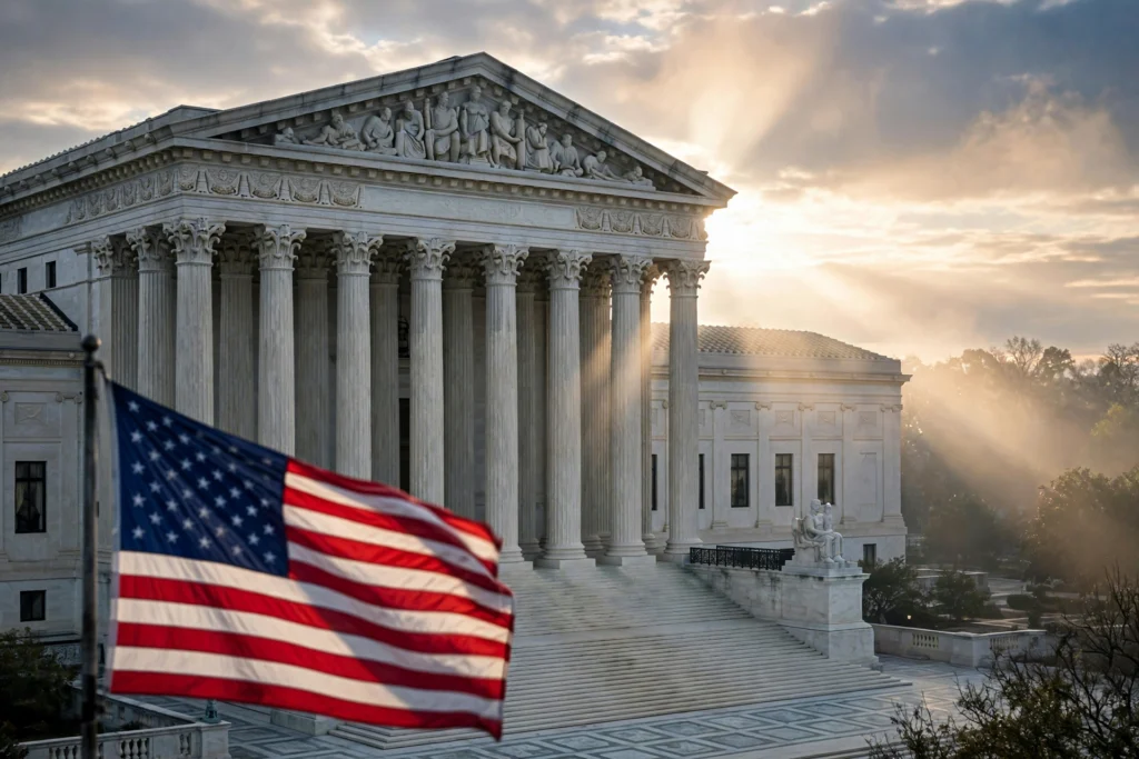 US Supreme Court building with American flag
