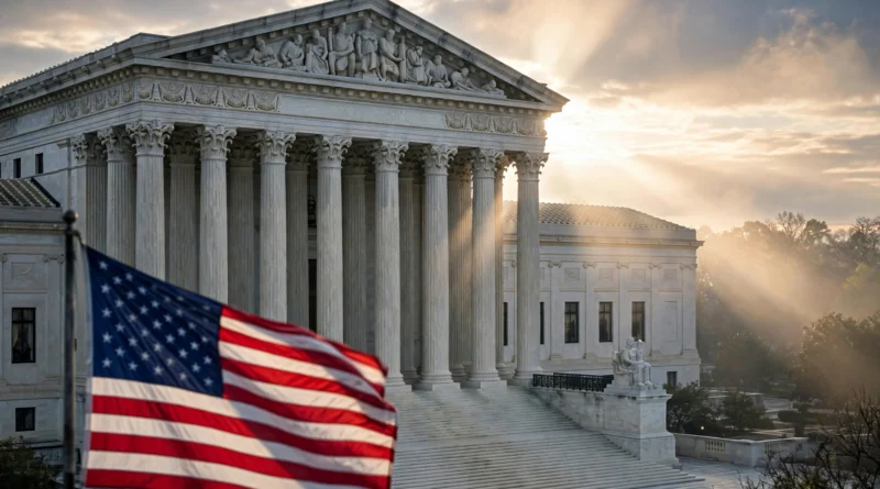 US Supreme Court building with American flag