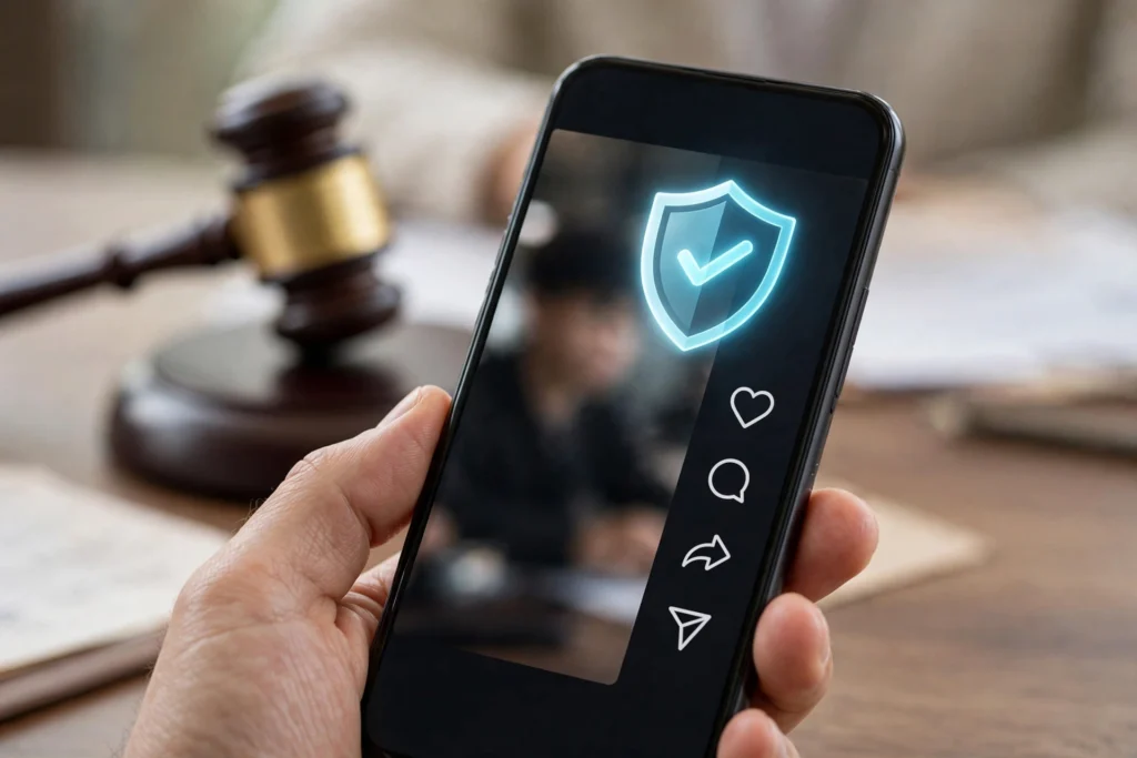 Smartphone with teen safety shield and gavel representing TikTok settlement