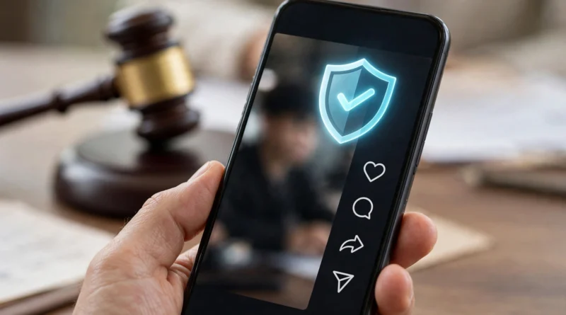 Smartphone with teen safety shield and gavel representing TikTok settlement