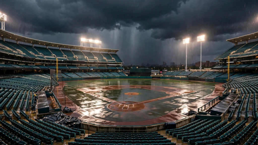 ALCS Game 3 at Progressive Field under overcast rainy Cleveland skies with the baseball stadium empty before first pitch