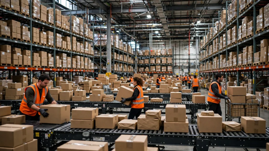 Amazon holiday hiring surge inside busy fulfillment warehouse with workers and packages