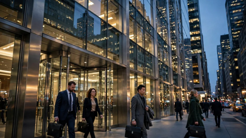 Modern glass corporate office tower in New York at dusk with business people leaving the entrance
