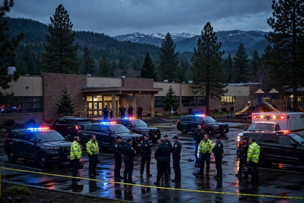 Police officers and patrol cars outside Silver Rail Elementary School in Bend, Oregon, after the school shooting