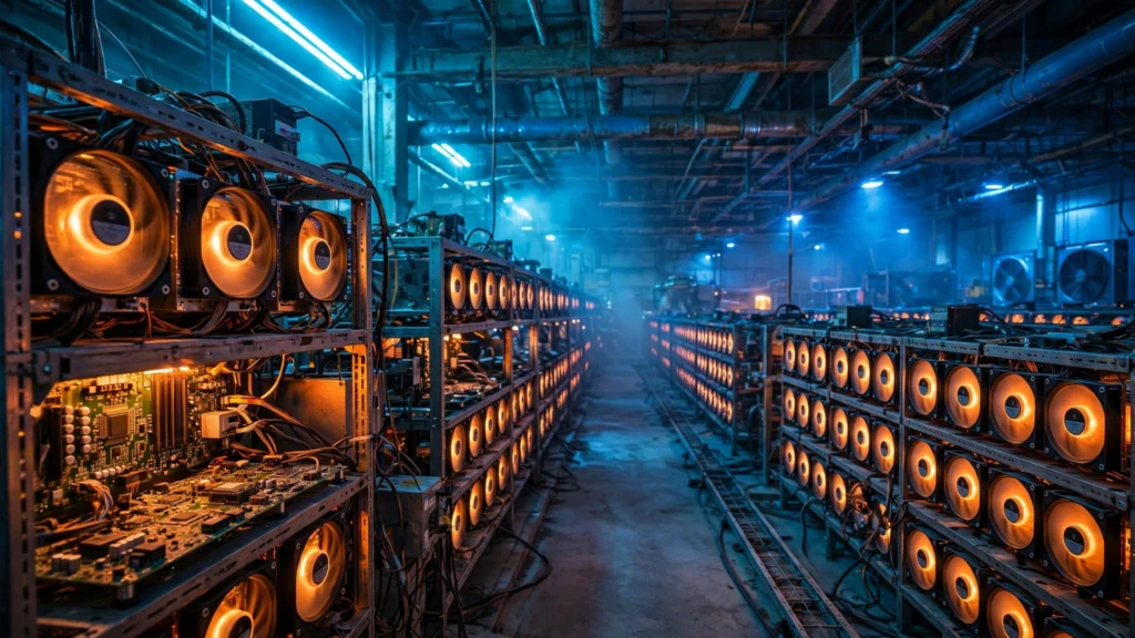 Rows of Bitcoin mining rigs with glowing ASIC hardware inside an industrial crypto mining facility