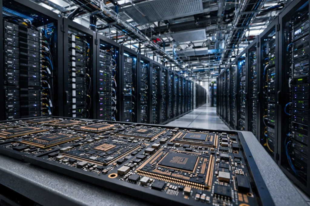Broadcom OpenAI chip financing concept with AI data center servers and custom silicon chips