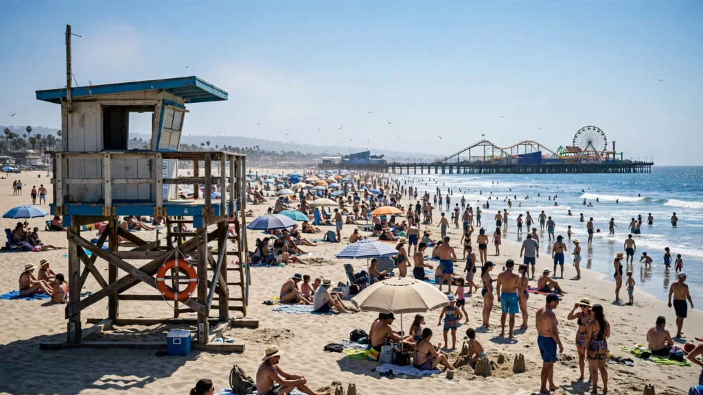 Crowded California heat wave beaches with warning sign and lifeguard tower