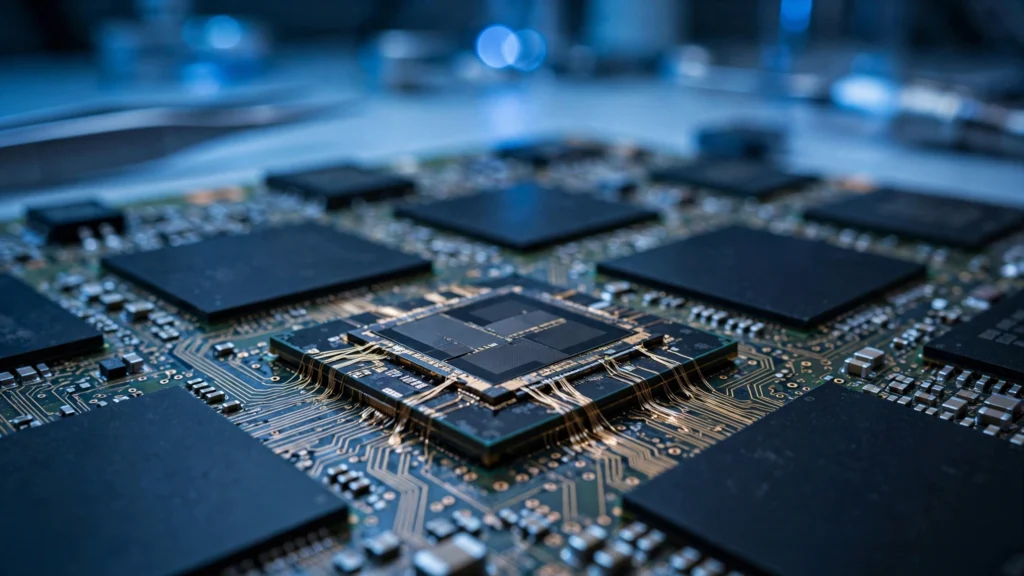 Close-up of silicon semiconductor chips on a circuit board illustrating China's CXMT DRAM chip breakthrough claim