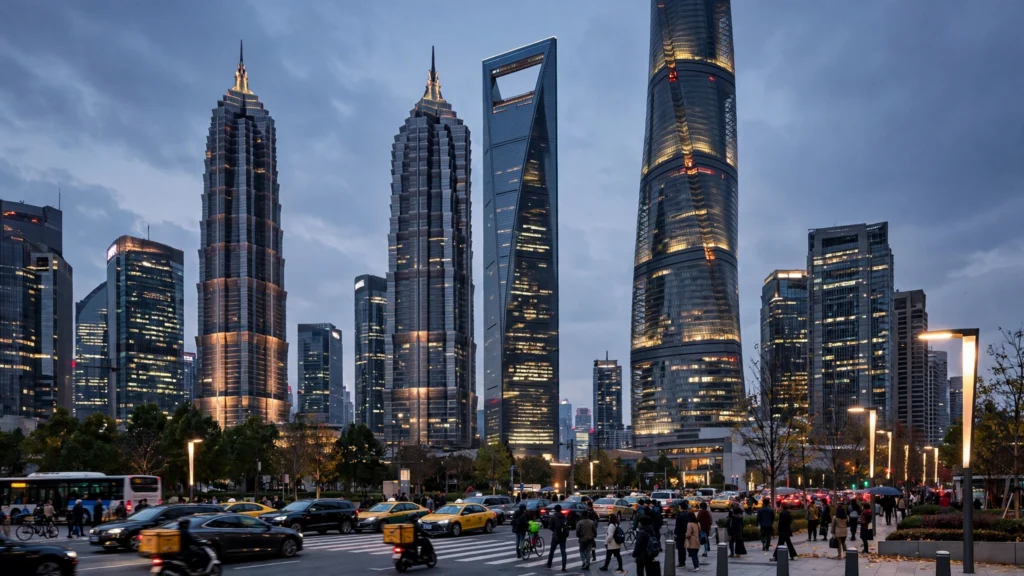 Shanghai financial district skyline at dusk with modern skyscrapers above a busy street