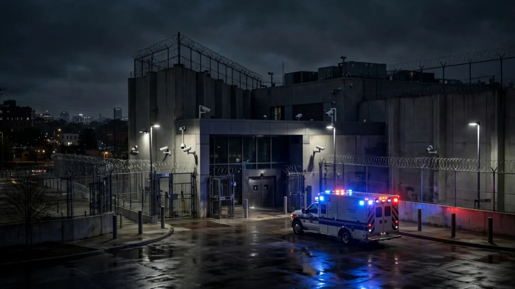 Maximum-security prison at night with ambulance outside after Tennessee's failed Christa Pike execution attempt