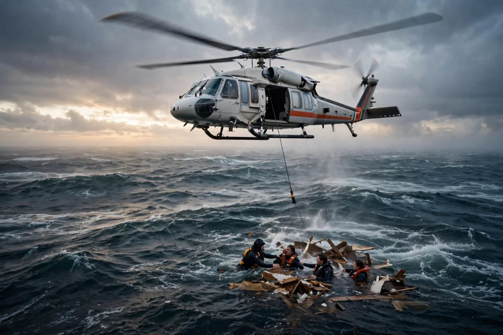 Coast Guard rescue helicopter lifting survivors from the Pacific Ocean after a smuggling boat sank off San Diego