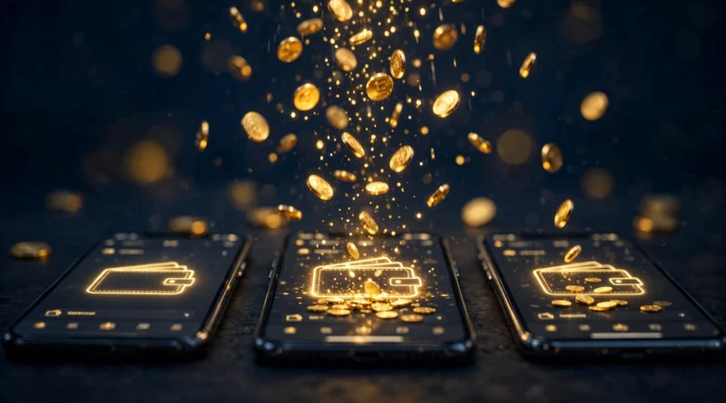 Editorial illustration of crypto airdrops in 2026: glowing tokens raining into open digital wallets