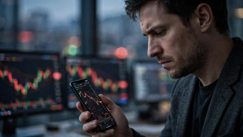 Person reviewing a crypto portfolio on a phone during a market downturn, with charts in the background
