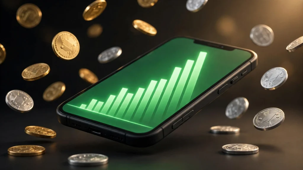 Smartphone displaying staking rewards growing over time, surrounded by glowing crypto coins