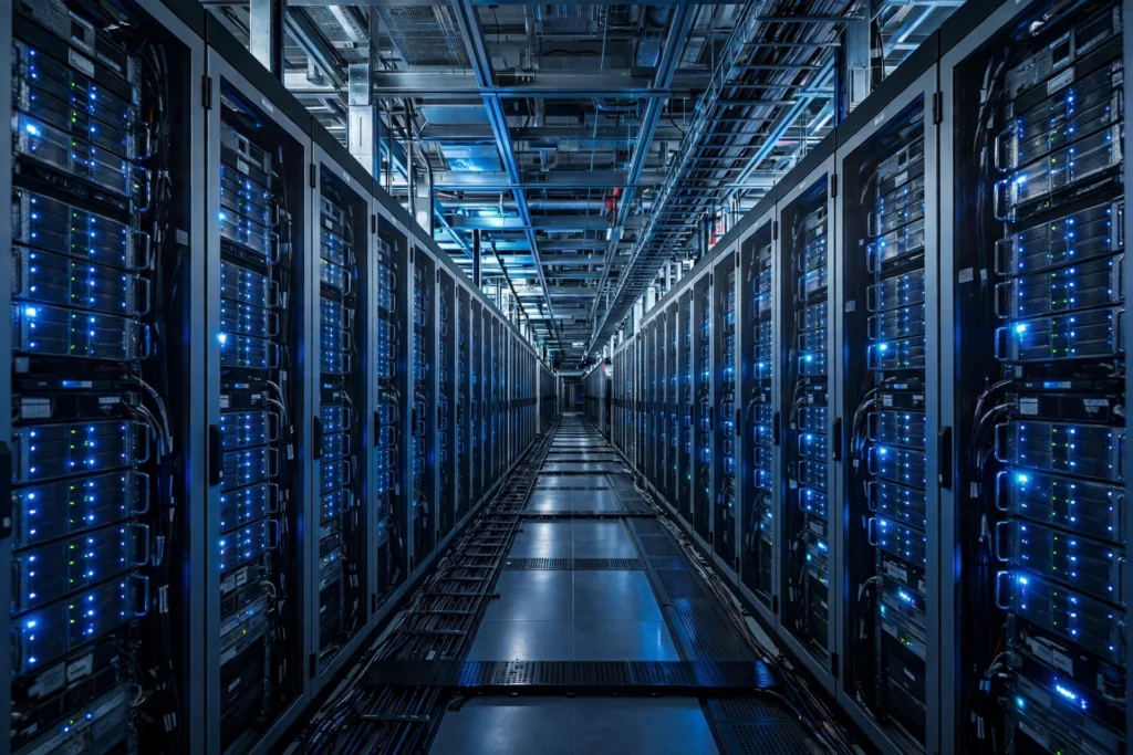 Long aisle of server racks with glowing blue lights in a massive modern data center, symbol of data center investment