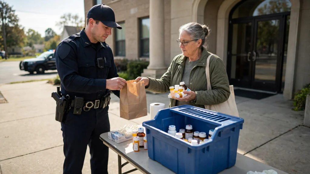 Police officer accepting a bag of medicine bottles from a resident at a drug take-back collection table