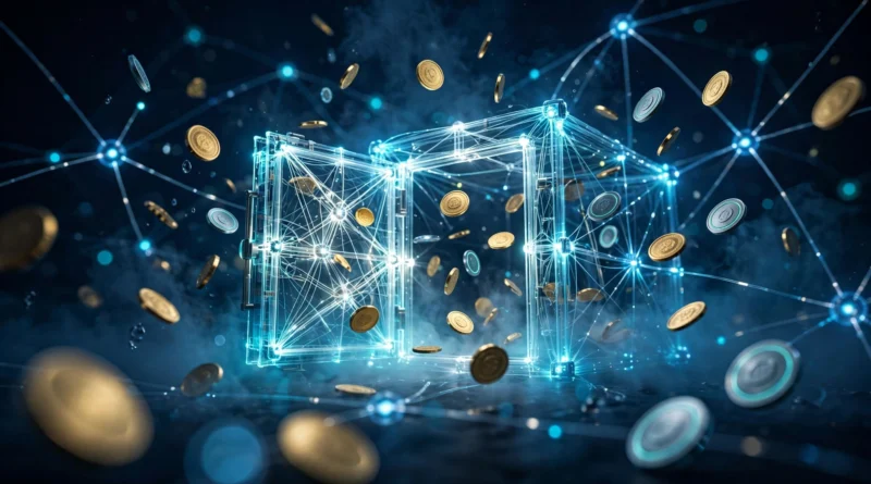 Illustration of DeFi lending yields: digital vaults and glowing coins representing crypto interest earned on-chain in 2026