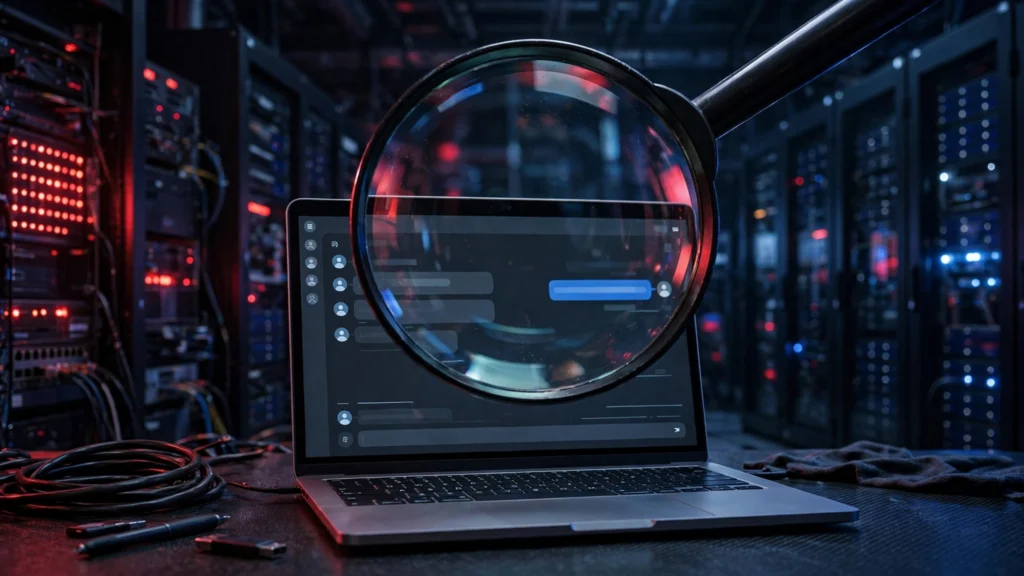 Laptop with AI chatbot screen under magnifying glass illustrating the DeepSeek federal ban