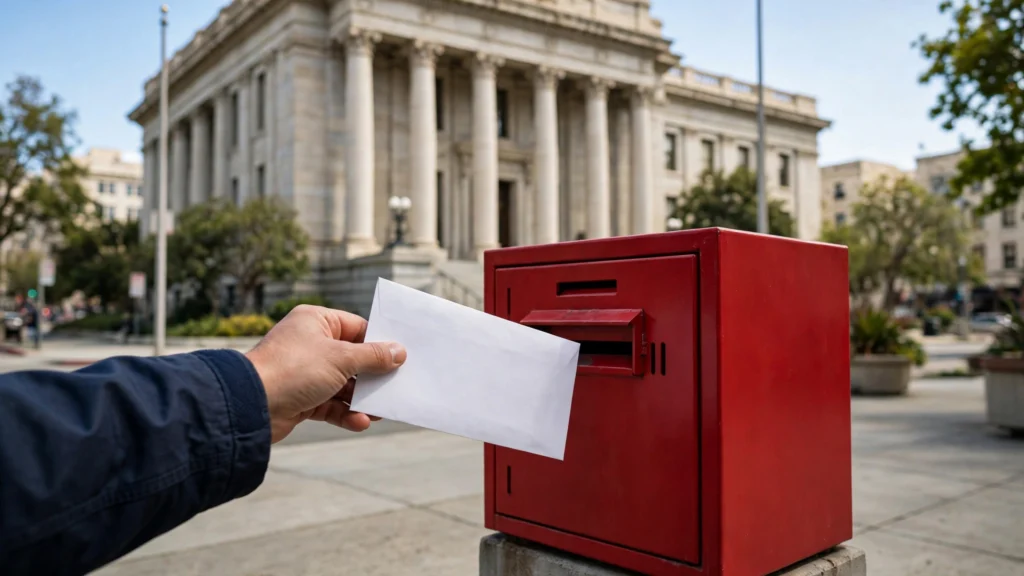 Voters dropping mail ballots into a red ballot drop box in California ahead of the midterm elections