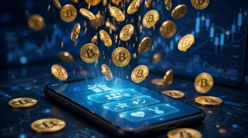 Golden Bitcoin and coins raining over a smartphone showing crypto referral rewards, digital illustration