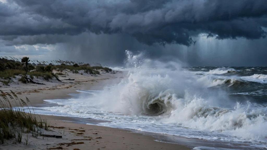 Powerful ocean waves crashing on Florida's east coast beach under storm clouds with breaking surf