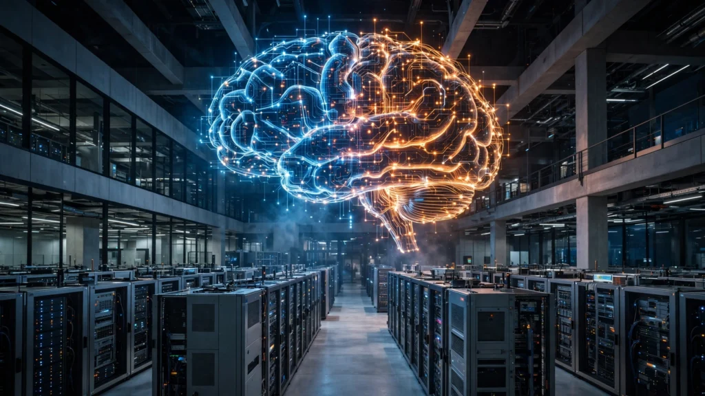 Futuristic AI data center with glowing neural-network brain representing Google's new Gemini 4 Argon model
