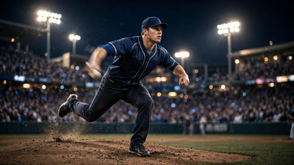 Baseball pitcher under stadium lights after the Guardians ALDS comeback win