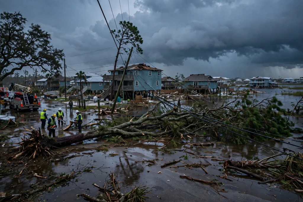 Hurricane Isaias storm damage in Florida Panhandle with downed trees and flooded streets