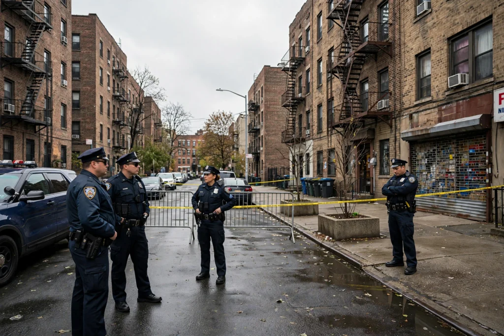 Bronx ICE shooting scene in Marble Hill with police tape and officers on a city street