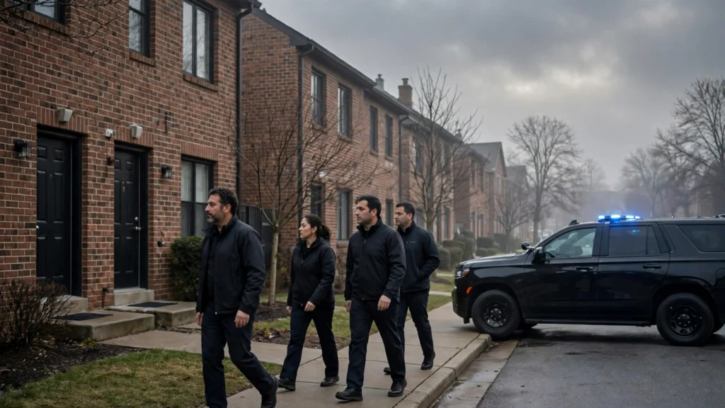 Federal agents outside Rep. Ilhan Omar's Washington DC home during the early-morning raid in the criminal investigation