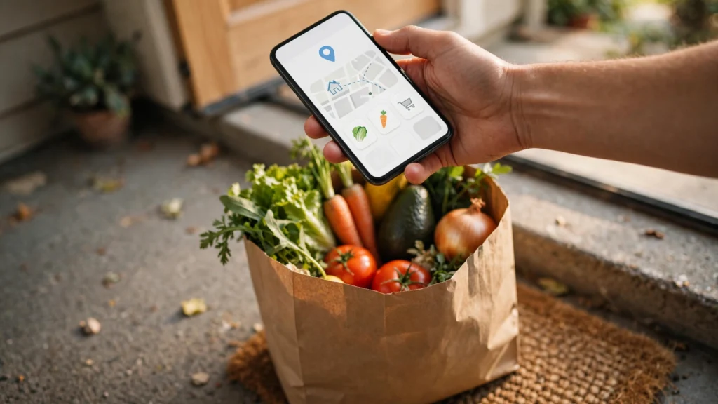 Smartphone with the Instacart grocery delivery app beside a bag of groceries, tied to the Instacart FTC settlement news