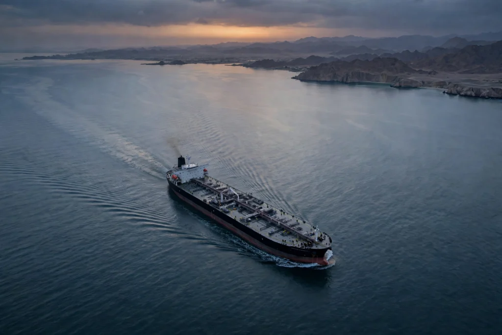 Aerial view of an oil tanker crossing the Strait of Hormuz at dusk