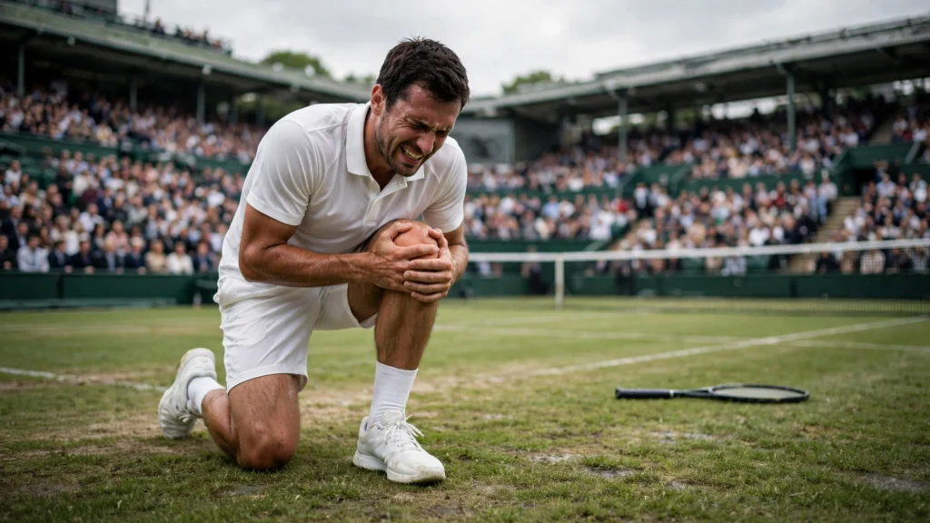 Jannik Sinner knee injury on a tennis court holding his knee during a match