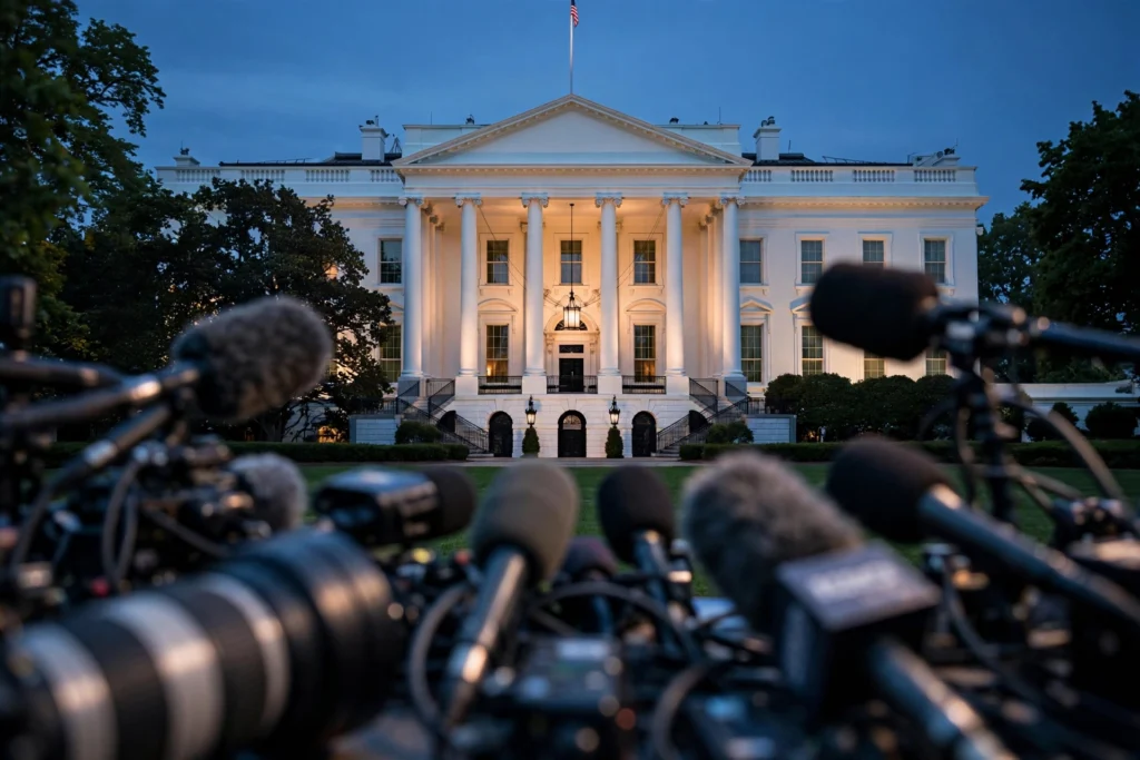 White House at dusk with press cameras after judge blocked Trump's press ban on CNN, MS NOW and Politico