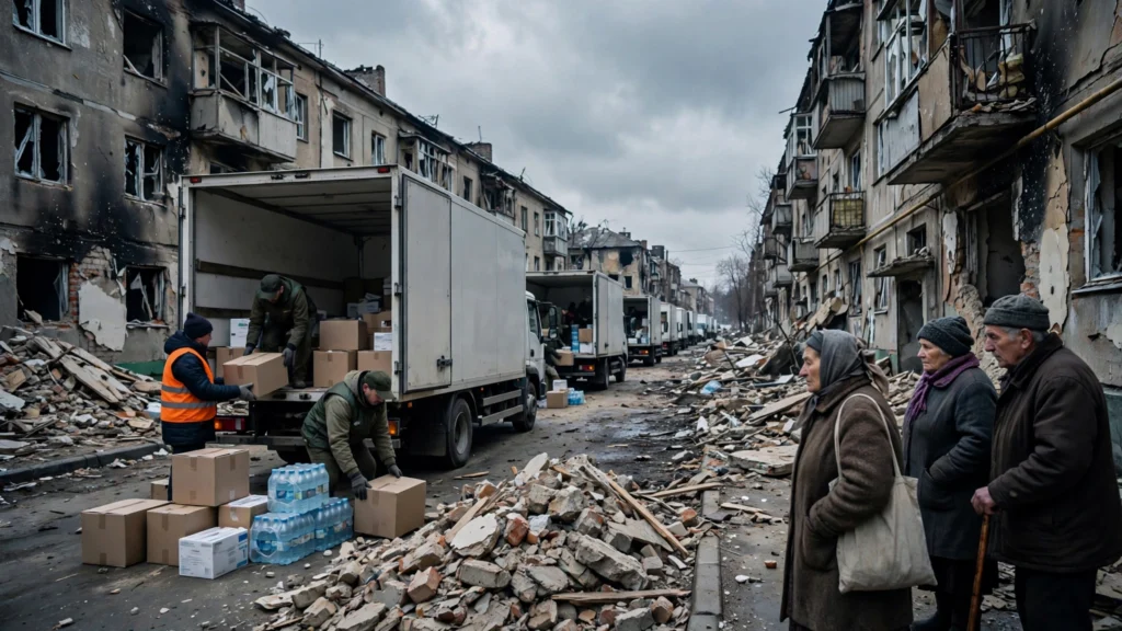 Humanitarian aid workers unloading food and medicine in a war-damaged Ukrainian town street