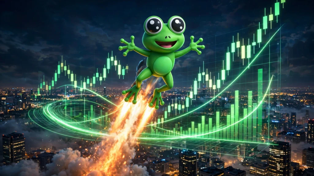 Cartoon-style frog meme coin rising above glowing stock charts with green upward candles