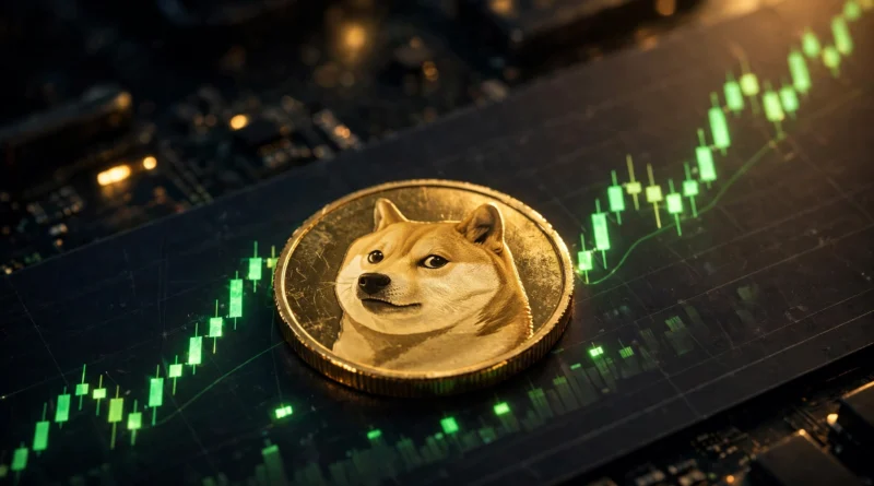 Golden dogecoin-style coin resting on a green trading chart, glowing warm light