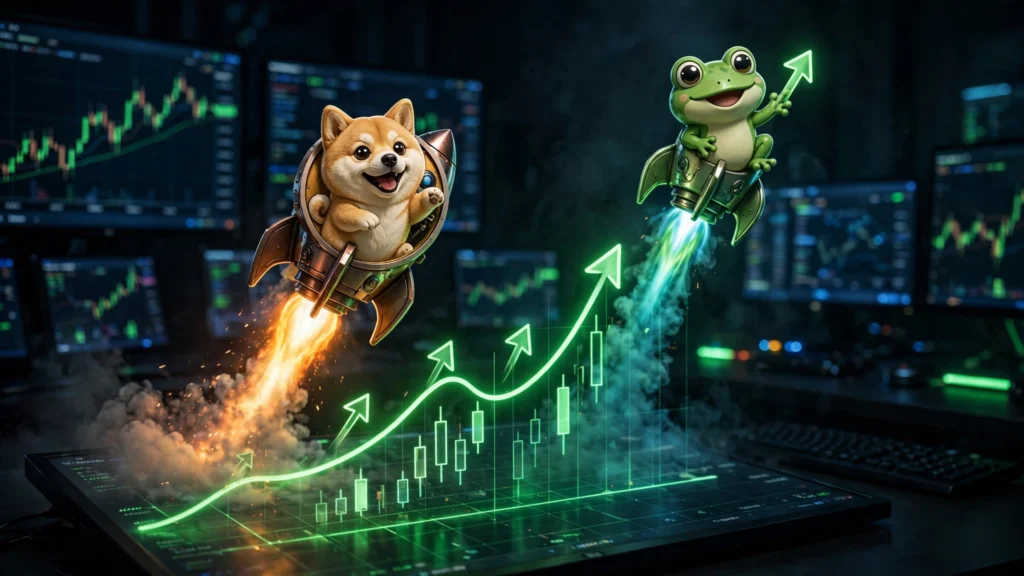 Colorful meme coin tokens exploding upward on a trading chart with a rocket, crypto market illustration