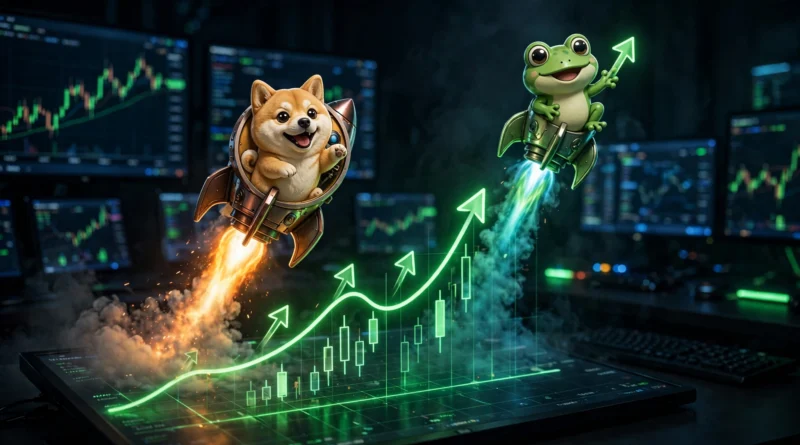 Colorful meme coin tokens exploding upward on a trading chart with a rocket, crypto market illustration