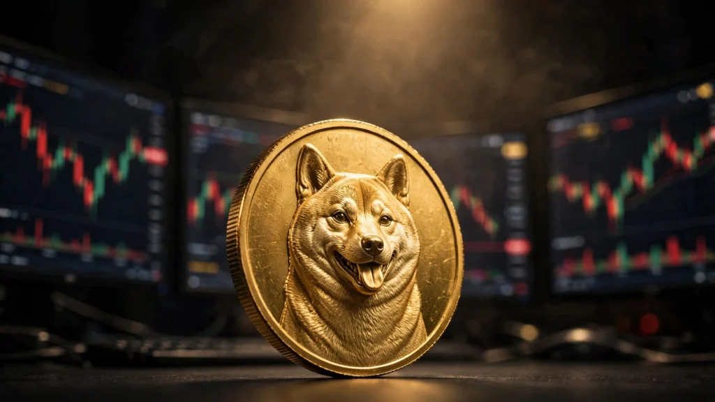 Dogecoin-style gold coin among volatile meme coin trading charts with sharp price swings