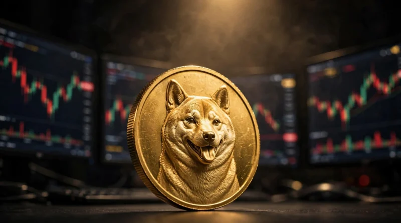 Dogecoin-style gold coin among volatile meme coin trading charts with sharp price swings