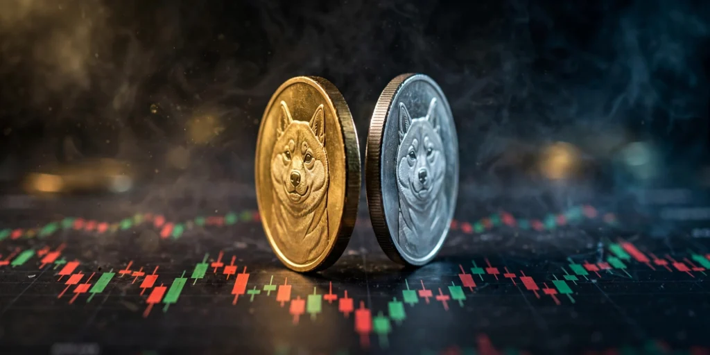 Meme coin prices in October 2026: Dogecoin and Shiba Inu coins over a mixed red-and-green market chart