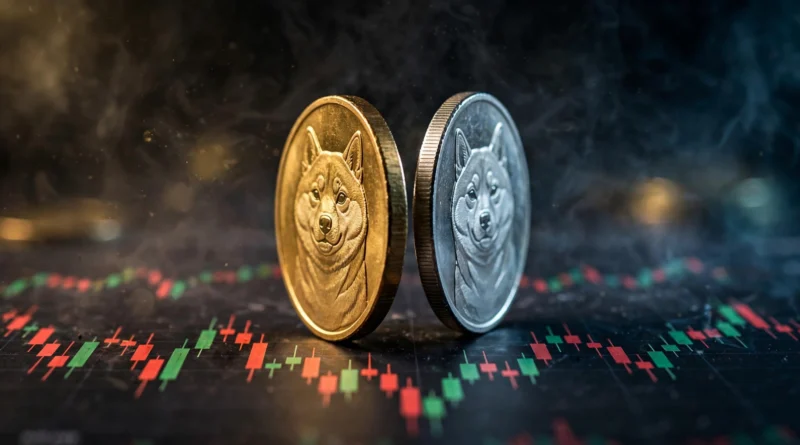Meme coin prices in October 2026: Dogecoin and Shiba Inu coins over a mixed red-and-green market chart